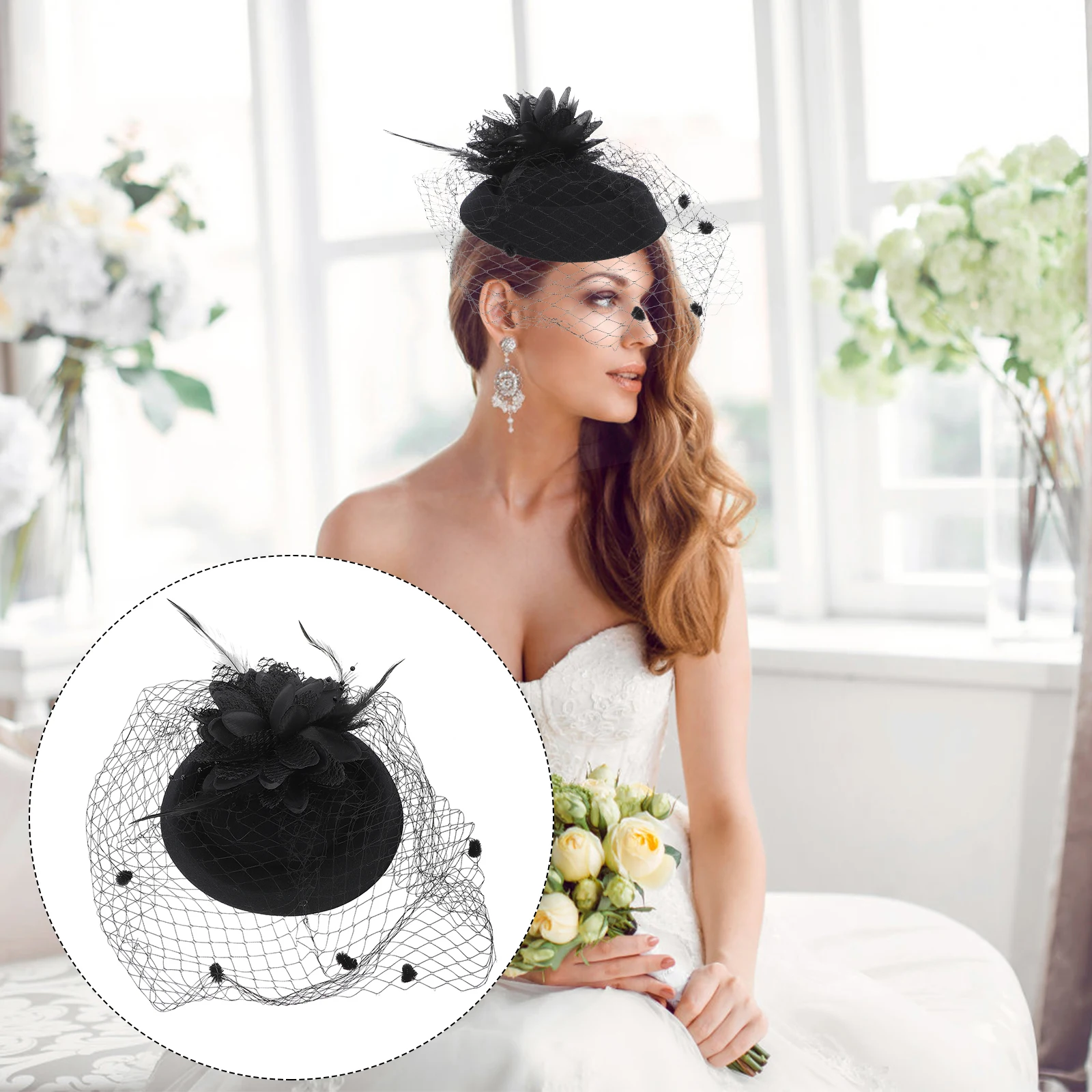 

1Pc Retro Flower Net Veil Small Hats Women Black Wedding Party Headdress Pillbox Fascinator Hat 20s Hairb