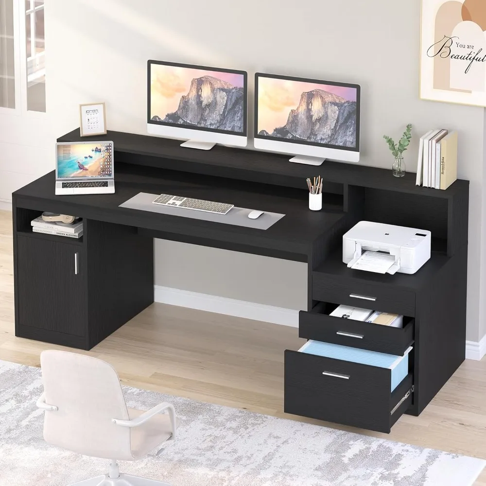 Computer Desk with 3 Drawer & Storage Shelves, Home Office Desks with File Drawer & Cabinet,Writing Study Table with Long Monito