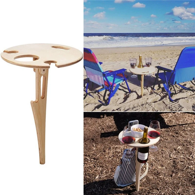 Outdoor Wine Table With Foldable Round Desktop Mini Wooden Picnic Table Easy To Carry Wine Rack Support