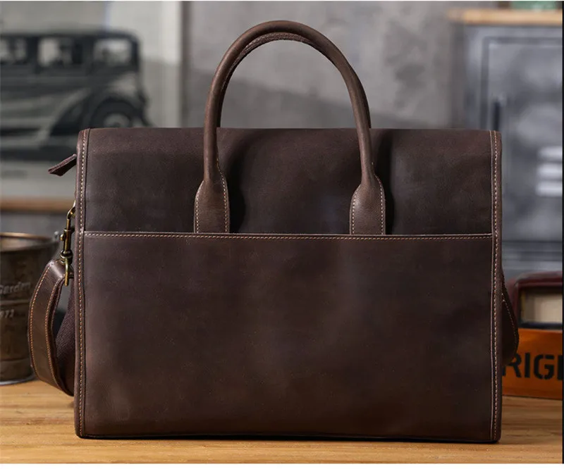 Business vintage crazy horse cowhide men's briefcase casual designer luxury genuine leather handmade daily work laptop handbag