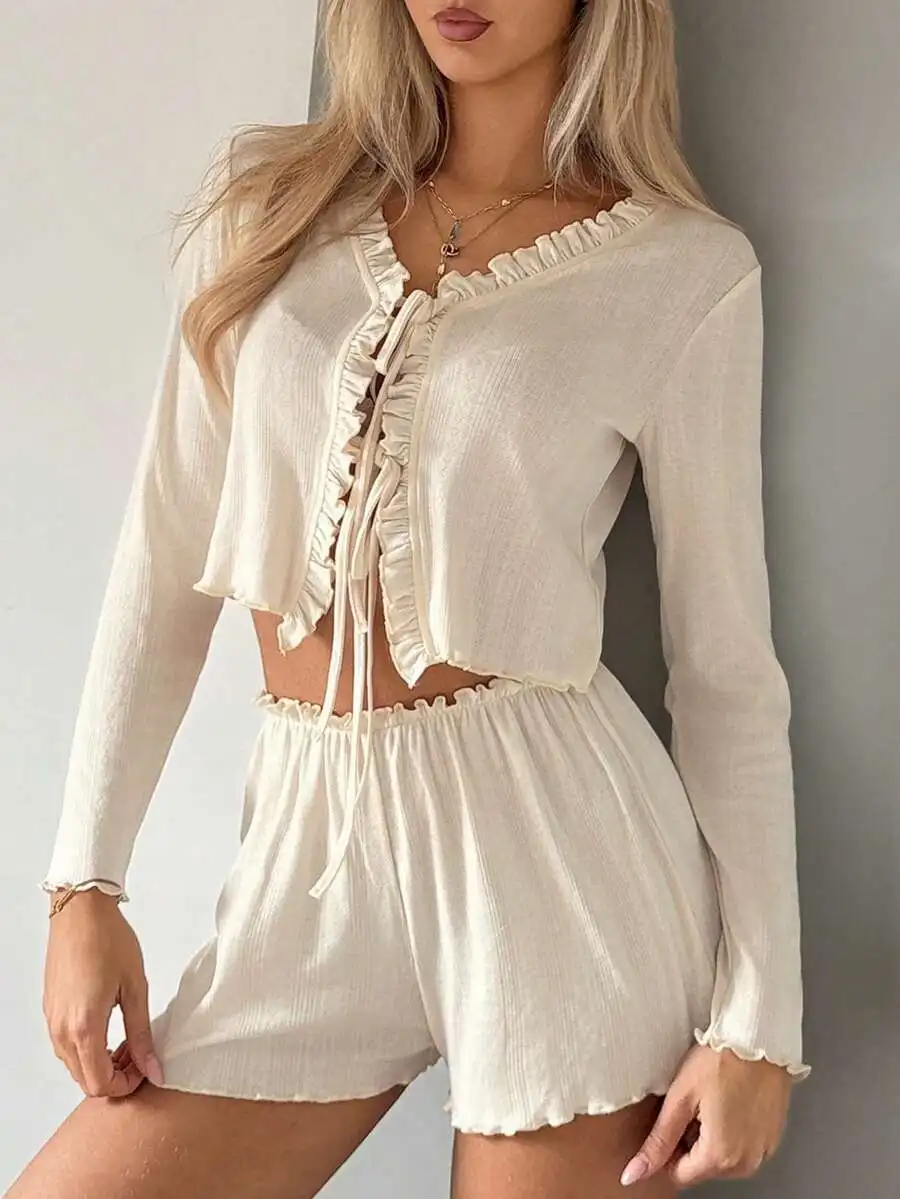 

Comfortable Jacquard Knit Tie-Front Frill Trim Women Pajama Set Spring Summer