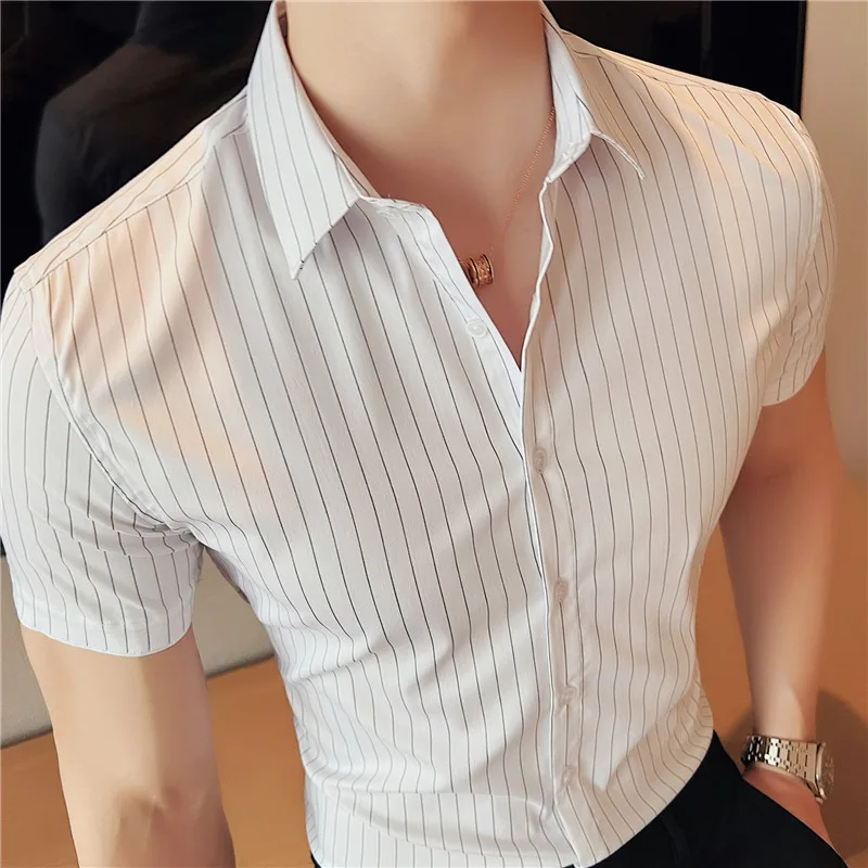 New Men's Casual Striped Short Sleeved Cotton Shirt Summer Fashion Comfort No Ironing Wrinkle Resistant Slim Fit Shirts Tops
