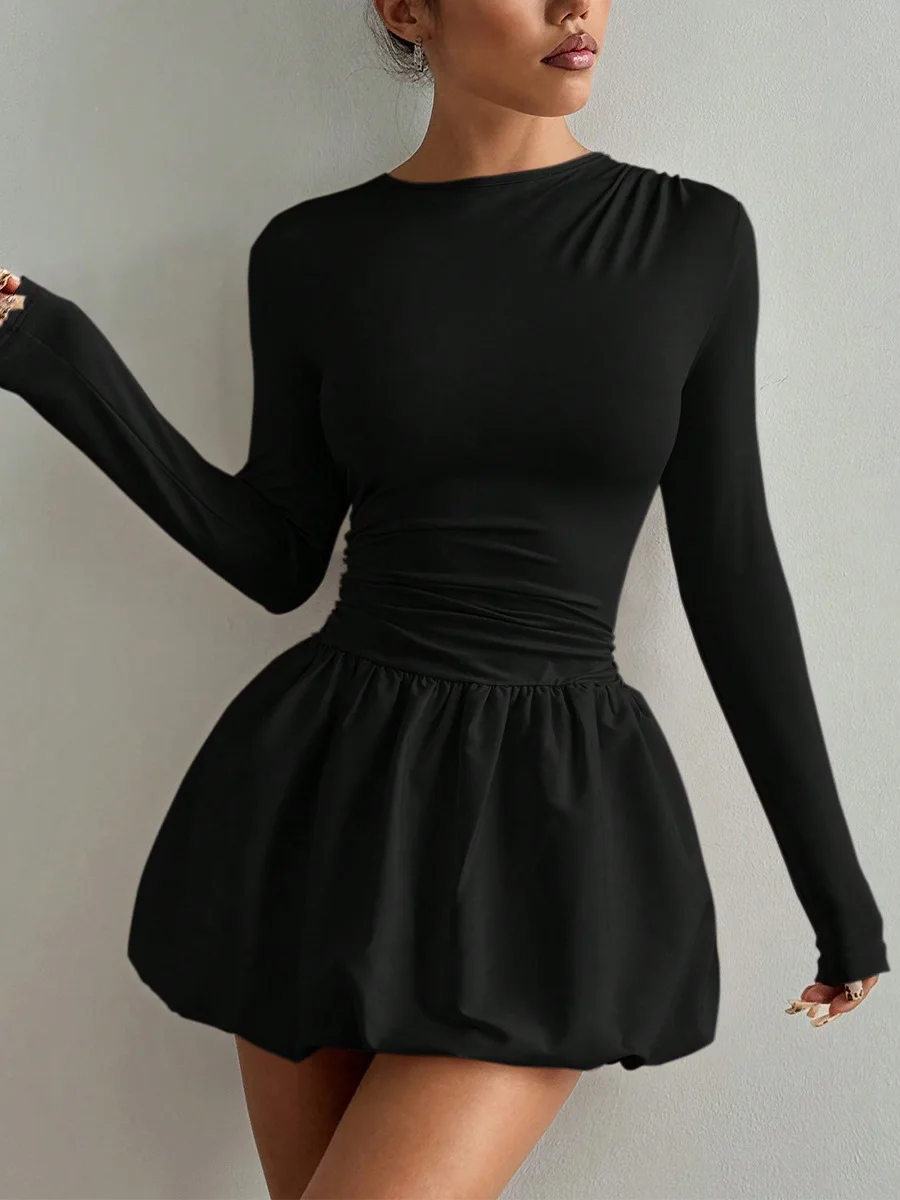 

Women's Dress Long Sleeve Bodycon Mini Dress Ruched Waist Bubble Skirt A Line Party Cocktail Dress Sexy Clubwear Evening Dress