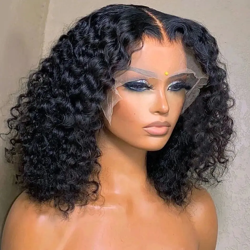 12A Deep Wave 13x4T Lace Front Wig Short Bob Human Hair Wigs Transparent Kinky Curly Lace Frontal Wig For Black Women 180%