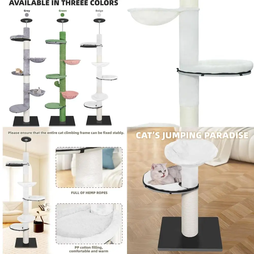 

Floor-to-Ceiling Cat Climbing Tree with Hammock and Scratching Posts, Beige