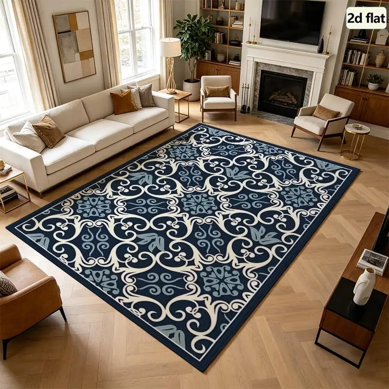 [2D Flat] 1PC Dark Blue Ornate Scroll Pattern Area Rug Navy Blue Rug For Bedroom Front Door Mats Room Decor Men Washable Rug Checkered Western Decor For Home Kitchen Laundry Playroom