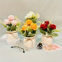 3 rose flower artificial potted plants, mini fake bonsai plants, artificial plants for indoor and outdoor dining tables, office