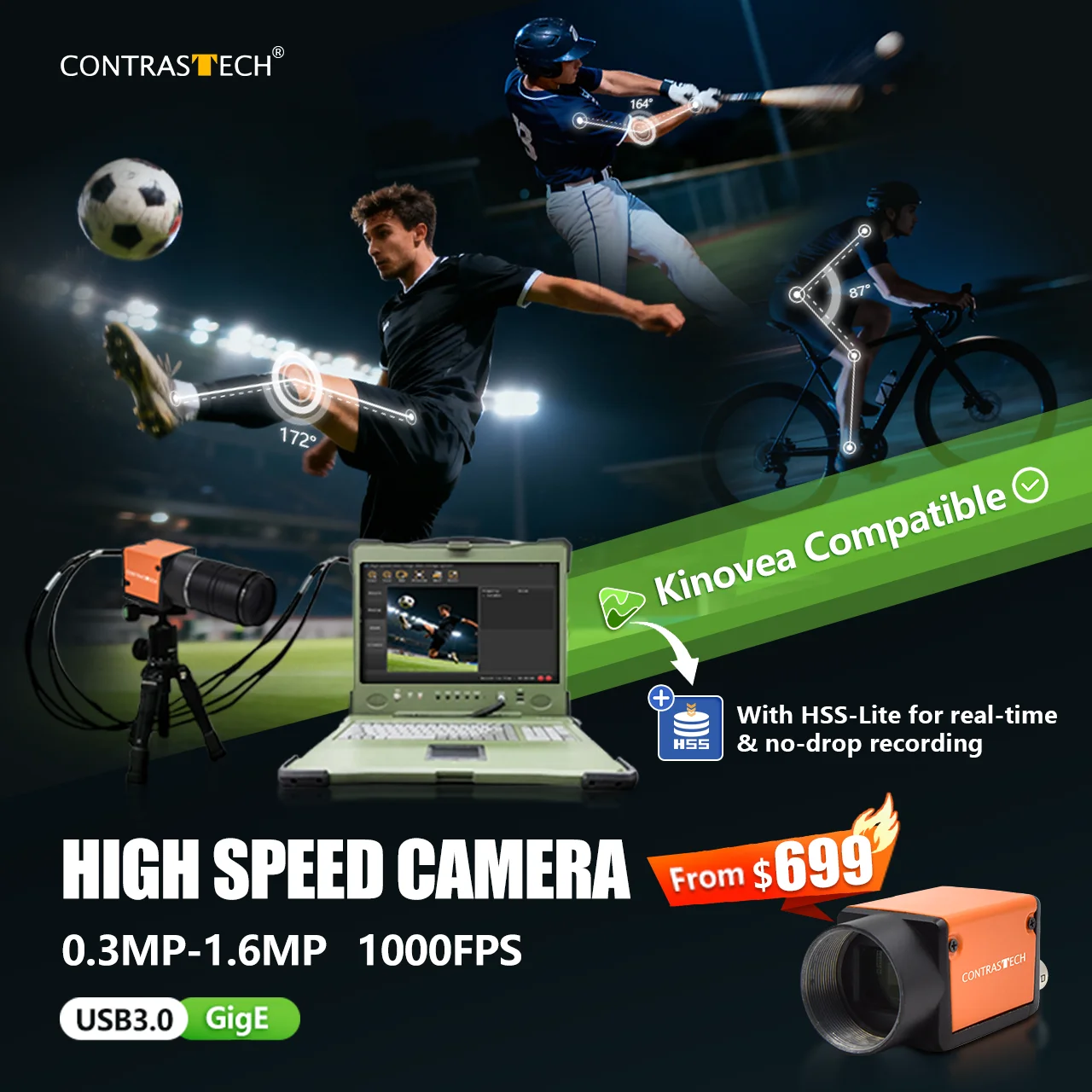 Golf Swing 0.4MP 500fps USB3.0 IMX287 Kinovea Compatible High Speed Camera for Ball Trajectory Analysis Contrastech