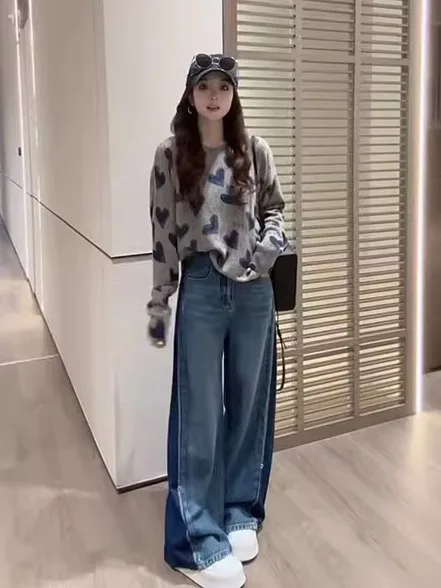 

Модный осенний джинсовый комплект: широкие брюки и длинный топ с круглым вырезом, женский принтованный костюм-двойка свободного кроя, удобный