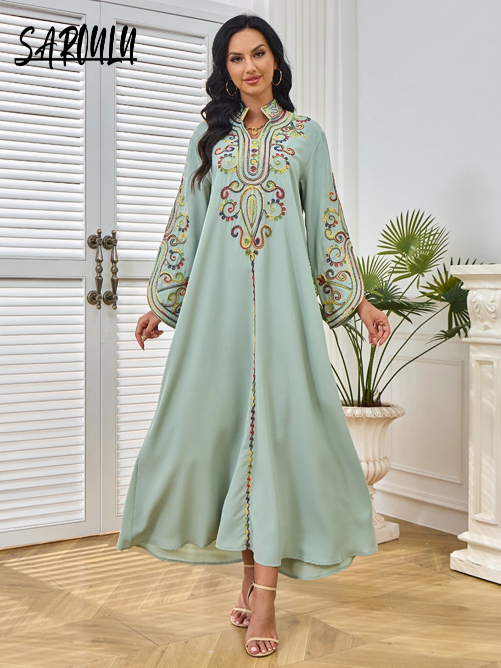 Hot Sale Rope Embroidery Elegant Evening Dress Women Muslim A-line Long Sleeves Prom Gown Customized Fashion Party Arabic Robe