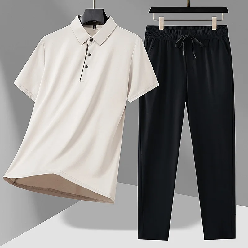 

Men Ice Silk Traceless Polo Short-sleeved + Sweatpants Set Quick-dry Shirt Quick-dry Two Piece Set Business Casual Tracksuit