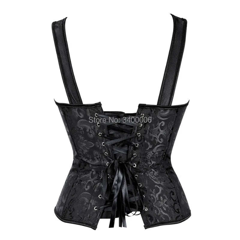 Caudatus Corsets and Bustiers Satin Sexy Brocade Corset with Straps Plus Size Zipper Jacquard Overbust Corset Vest Vintage Black