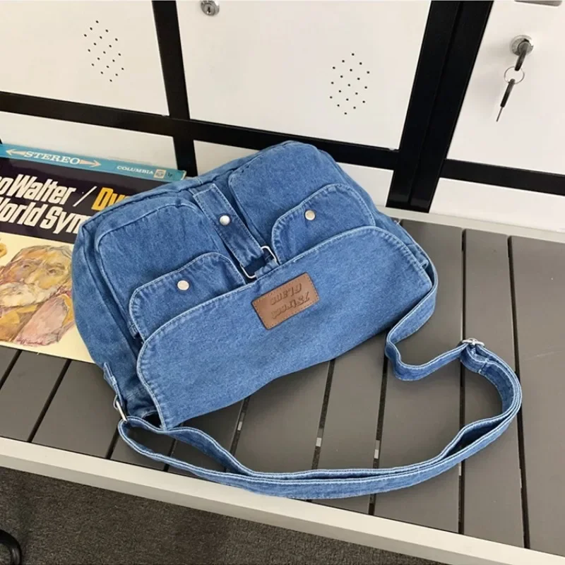 

Xiuya Denim Vintage Shoulder Bags for Women Japanese Fashion College Style Mens Messenger Bag Multi-functional Designer Handbag