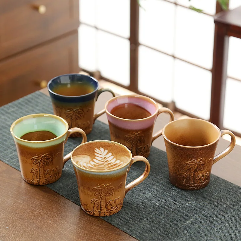 Handheld Creative Relief Hand-painted Rough Pottery Mug Desert Boat Camel Ceramic Coffee Cup Household Water Cup
