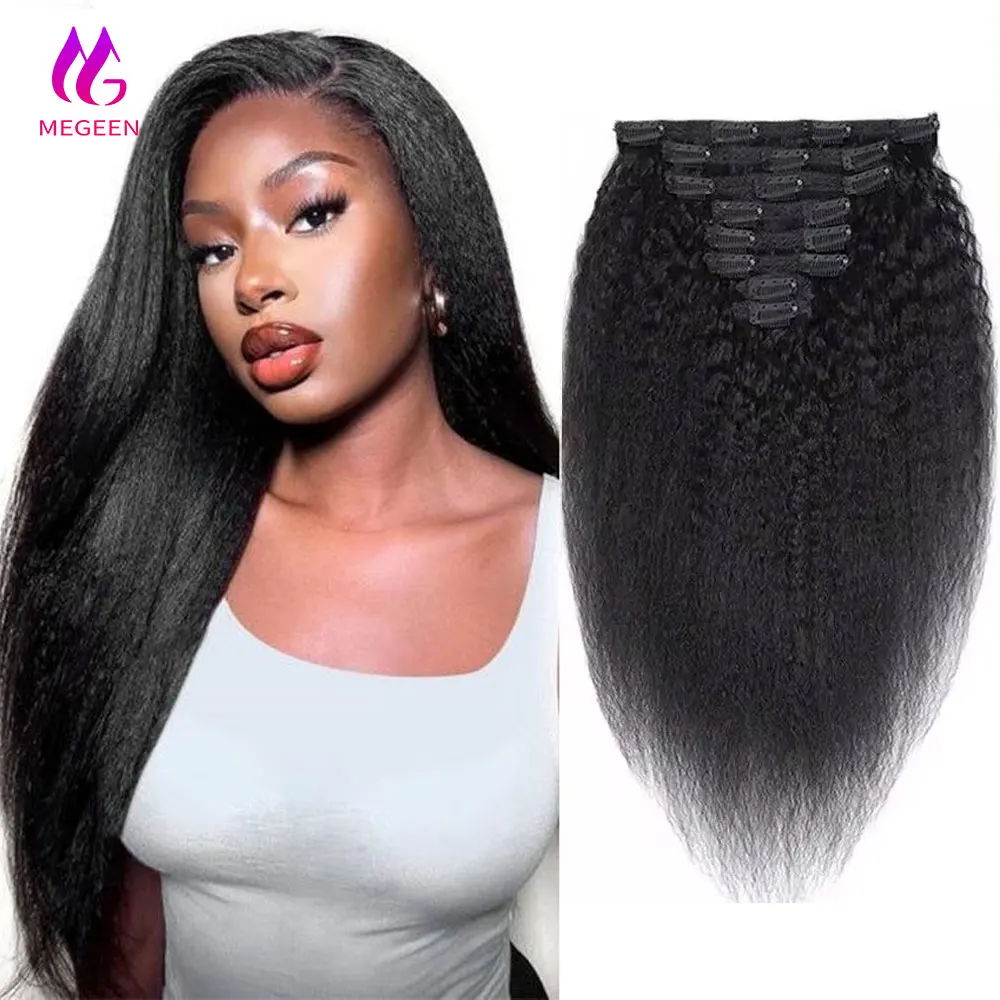 Megeen Kinky Rechte Clip In Human Hair Extensions 120G 8 Stks/set Braziliaanse Clip Op Yaki Straight Remy Hair Extensions Natural T