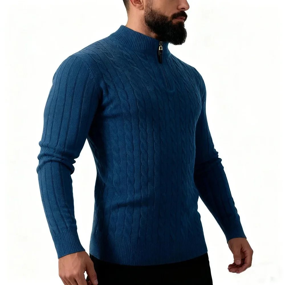 Men's Fashionable Knitted Zipper Slim Fit Sweater Twist Pattern Casual Long Sleeve Thickened British Style High Collar Sweater