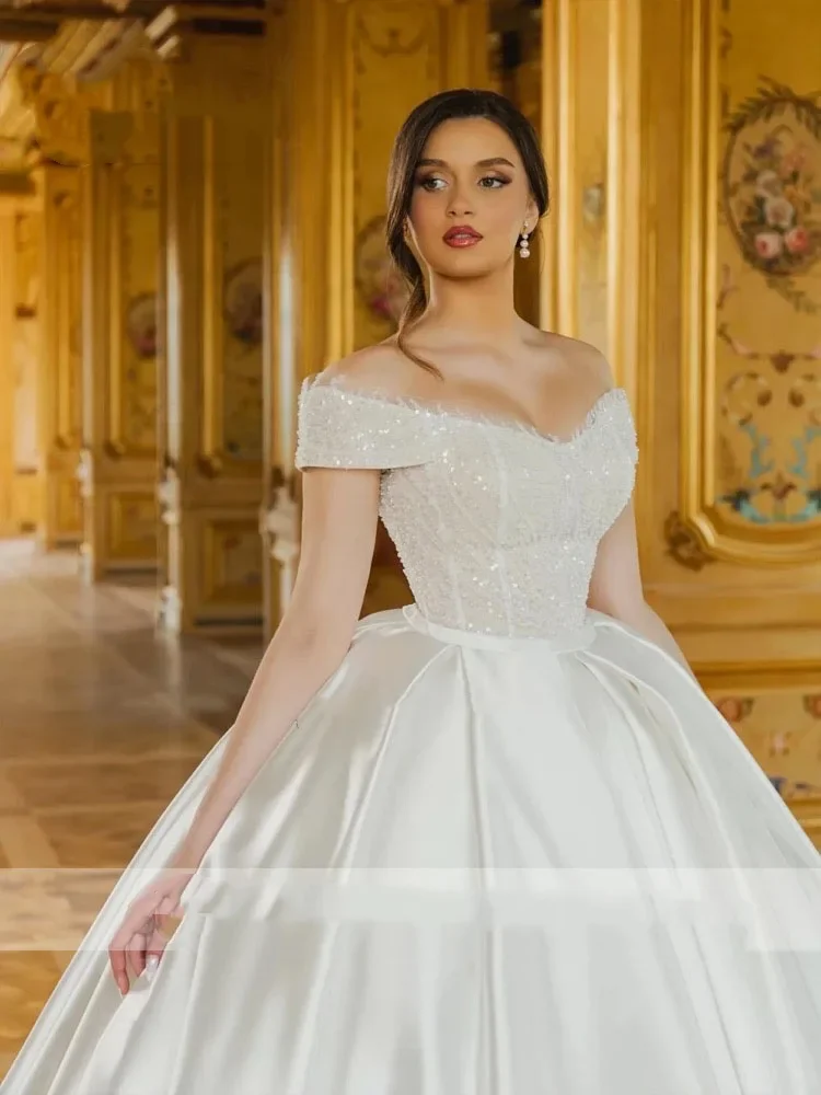 Flavinke Gaun Pengantin Putri Satin Renda Manik-manik Elegan Kustom Gaun Pesta Lengan Bahu Terbuka Gaun Pengantin Jubah De Mariee