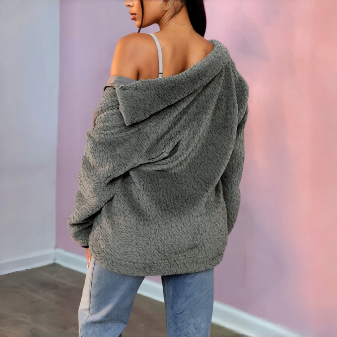 Dámská podzimní zimní nová ležérní pohodlná teplá bunda s dlouhým rukávem, oboustranný fleecový kabát, dámský barevný blok, plyšové svrchní oblečení - náhled 5