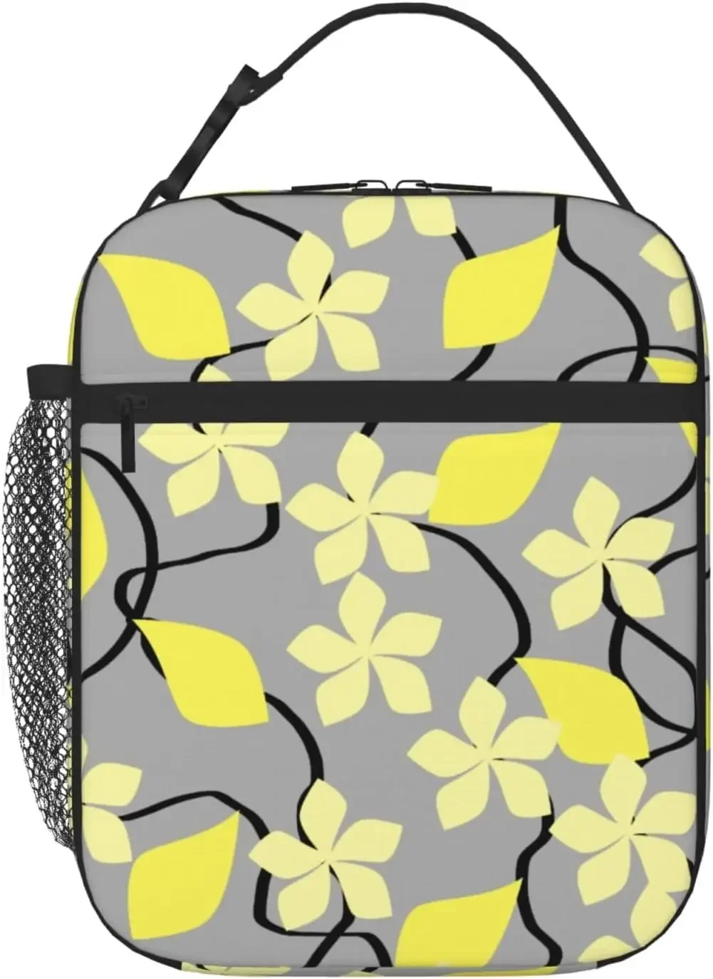 SWEET TANG Lunch Box Insulated Lunch Bag With Adjustable Shoulder Strap & Bottle Holder (Grey Yellow Gray Flowers Floral)