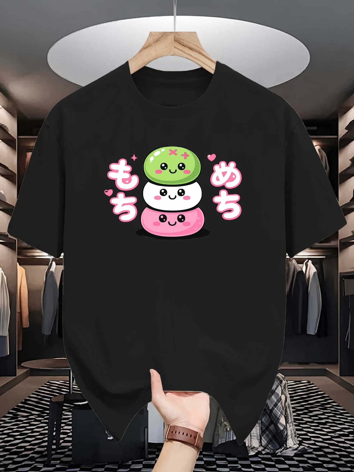 Cute Stacked Japanese Mochi Mens Crew Neck T Shirt Kawaii Cartoon Dango Heart Japanese Text Graphic Short Sleeve Casual Tops
