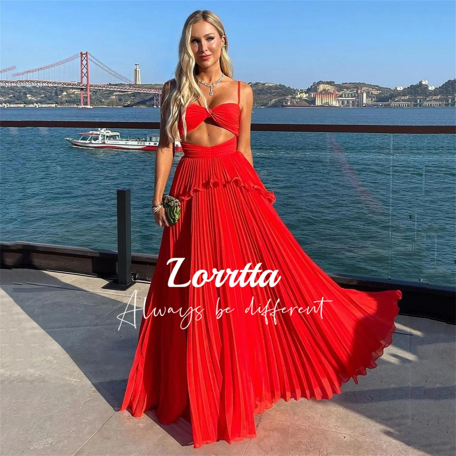 

Lorrtta Red Beach Ruched Chiffon Ball Gown Spaghetti Straps Saudi Arabia Formal Evening Gown Cutout Women's Special Party Dress