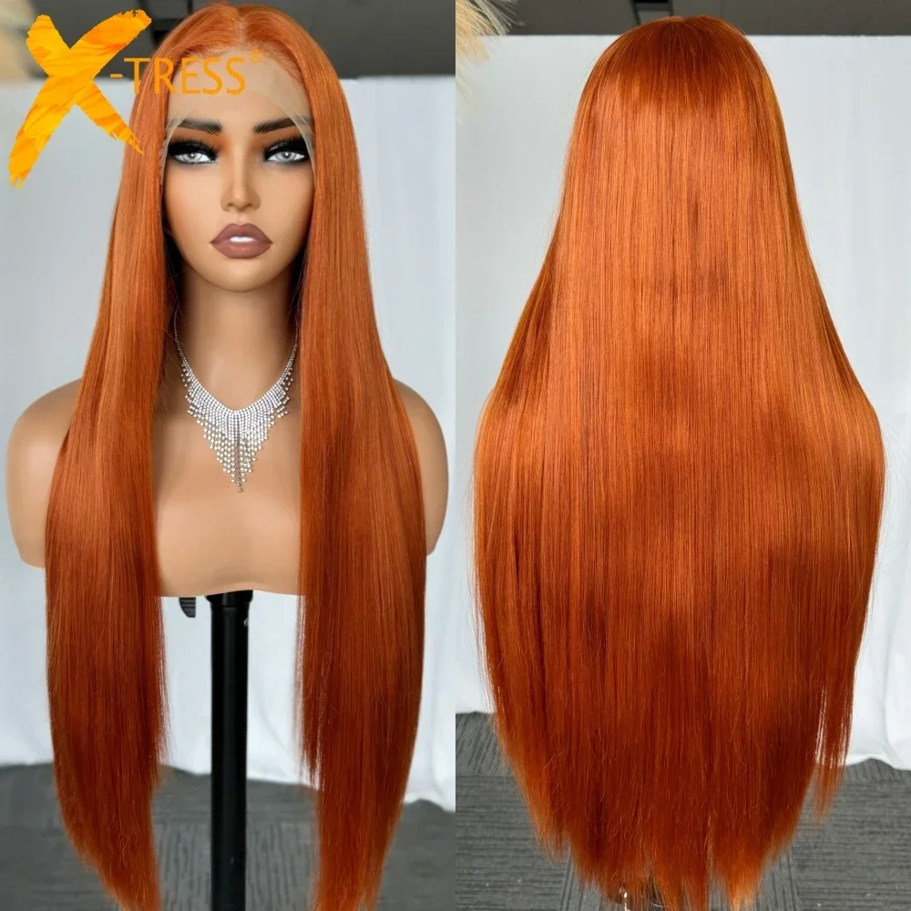 

X-TRESS Ginger Colored Synthetic Hair with Baby Hair Long Straight Layered 13X6 Lace Frontal Free Part for Women Daily Fashion