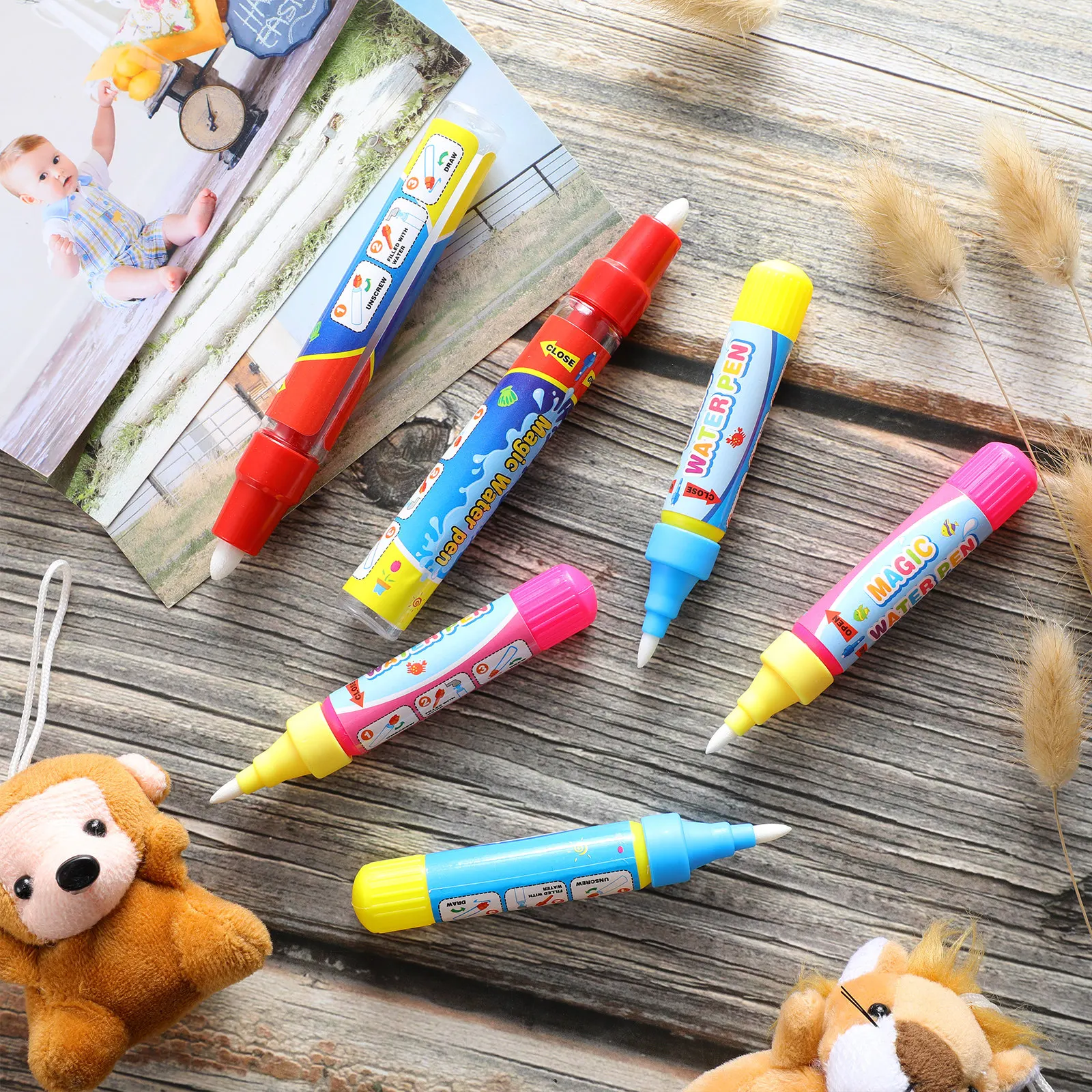 6Pcs Water Doodle Pens Aqua Drawing Replacement Vibrant Colors Thick Tips Easy Grip Screw Lid No Leak Water Doodle Pens