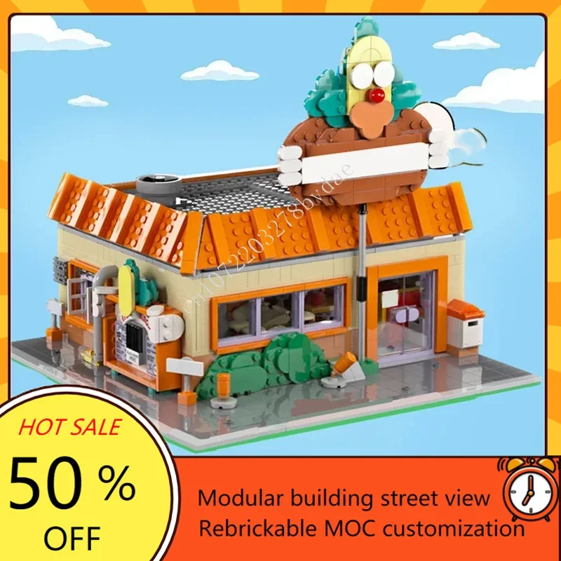 

1413 шт. Krusty Burger MOC, горячий город, головоломка, креативная модель StreetView, архитектурная модель, сделай сам, игрушка на день рождения, сборка, Рождественский подарок