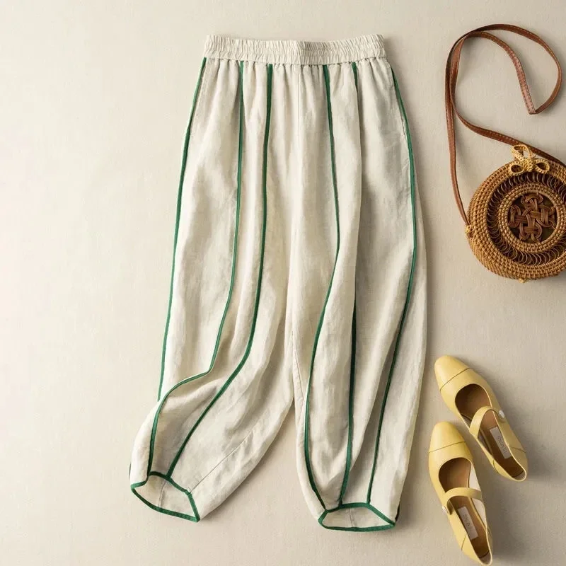 

Bright Line Decoration Elastic High Waist Bloomers Loose Wide Leg Women's Pants Korean Fashion Ankle-Length Pants for Women 2024