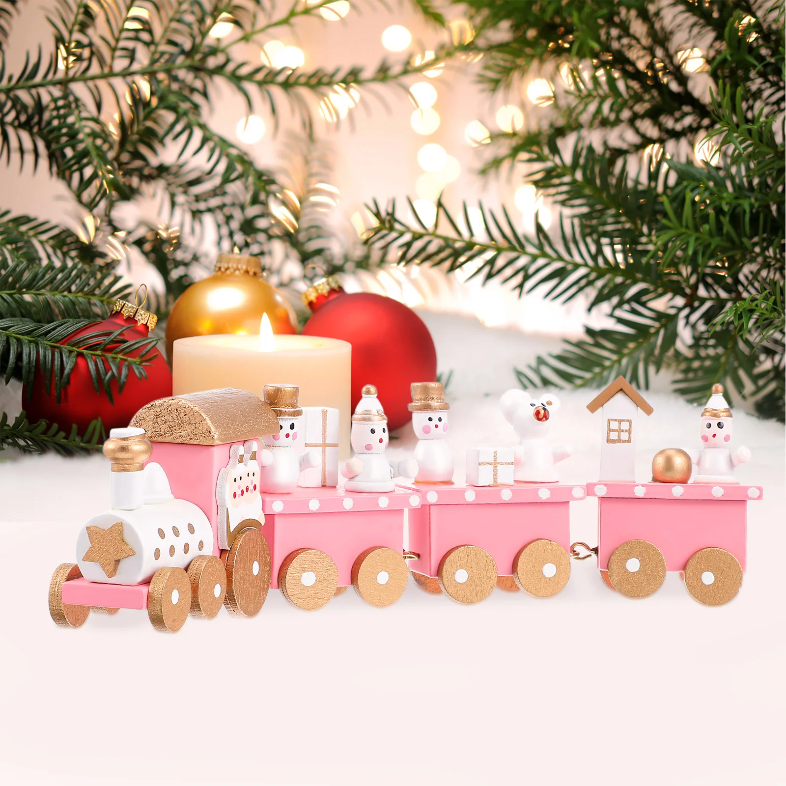 الوردي قطار خشبي زينة عيد الميلاد آمنة قوي لعبة أطفال مظهر رائع غرامة براعة عطلة زينة سطح المكتب #4