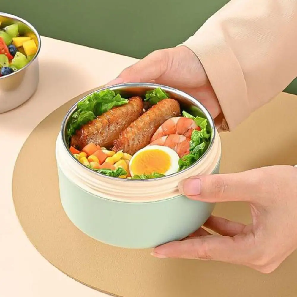 صندوق غداء من الفولاذ المقاوم للصدأ مكون من 3 طبقات، صندوق غداء حراري مستدير بسعة كبيرة مع ملاعق، مجموعة حاوية غداء محكمة الغلق للنزهة #2