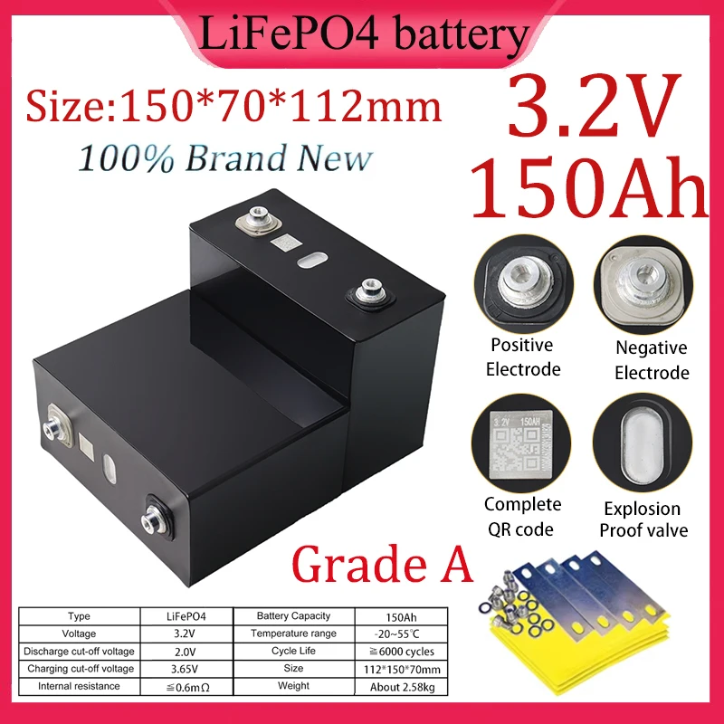 2PCS 3.2V 150Ah LiFePO4 Battery Pack For 150000mAh High quality DIY 4S 8S 12V 24V 48V Solar Inverter Power Tools A-level Battery