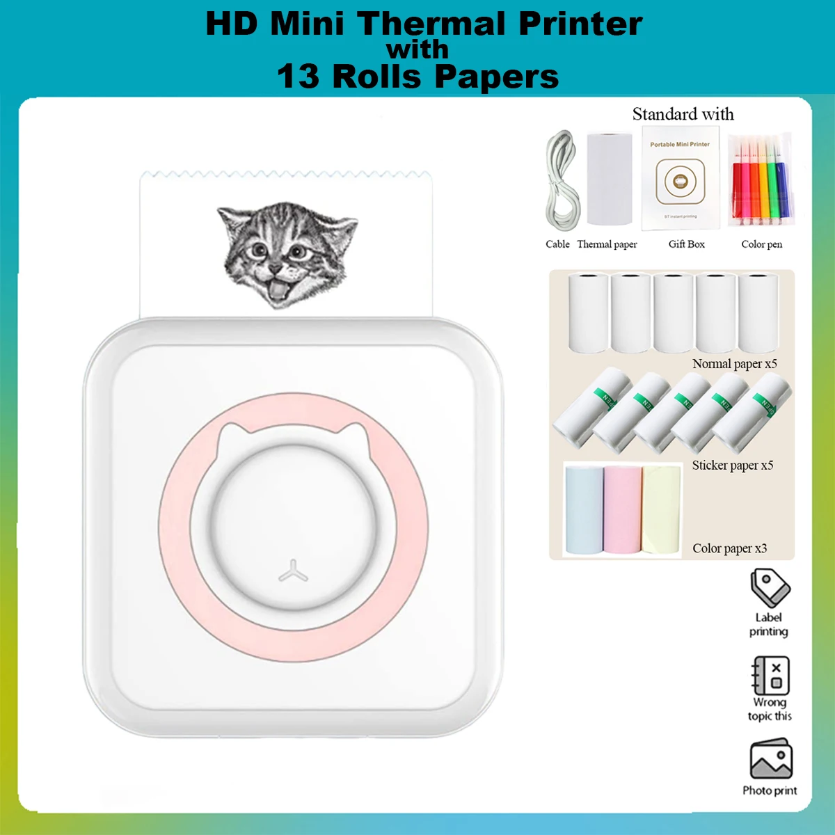 Thermal Printer  Portable Mini 57mm Printing BT 203dpi Photo Label Memo Wrong Question Printing With USB Cable