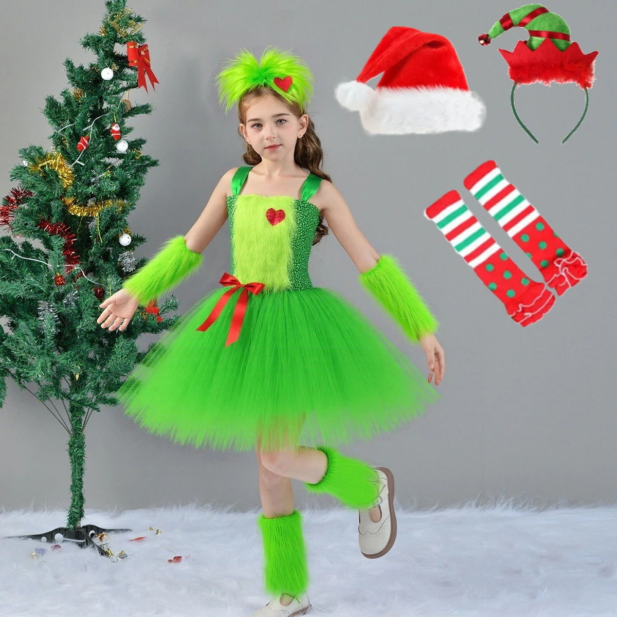 

Kids Santa Claus Grinch Costume Girls Christmas Tutu Dress Green Fur Monster Costumes for Girls Halloween Carnival Party Dresses