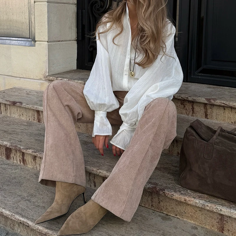 OMSJ automne hiver Style de rue rétro couleur unie bouton fermeture éclair coton ample loisirs velours côtelé pantalon droit à la mode femmes tenue