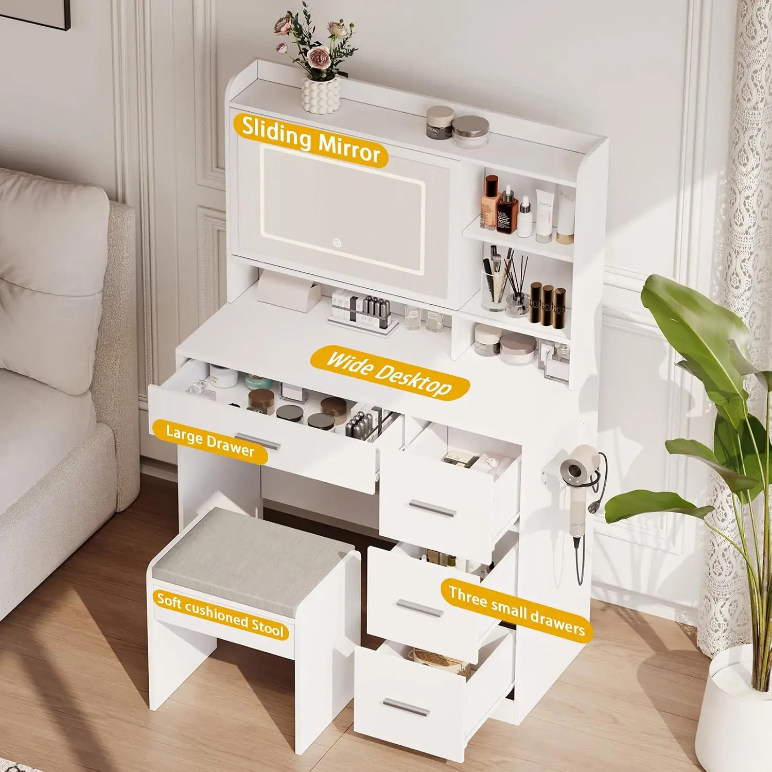 White Vanity Desk with Mirror Lights Chair 4 Drawers 3 Lighting Modes Power Outlet Sliding LED Mirror Bedroom, Customized