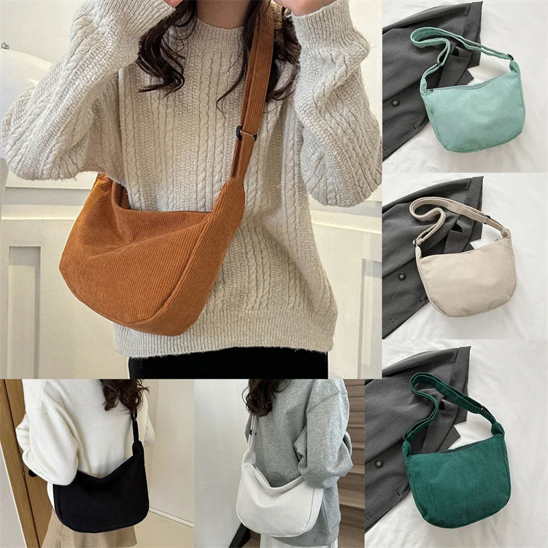 Sztruksowa torba na ramię minimalistyczna torba typu crossbody torebki damskie modna tkanina torba pod pachami jednolity kolor zamek błyskawiczny torebka damska