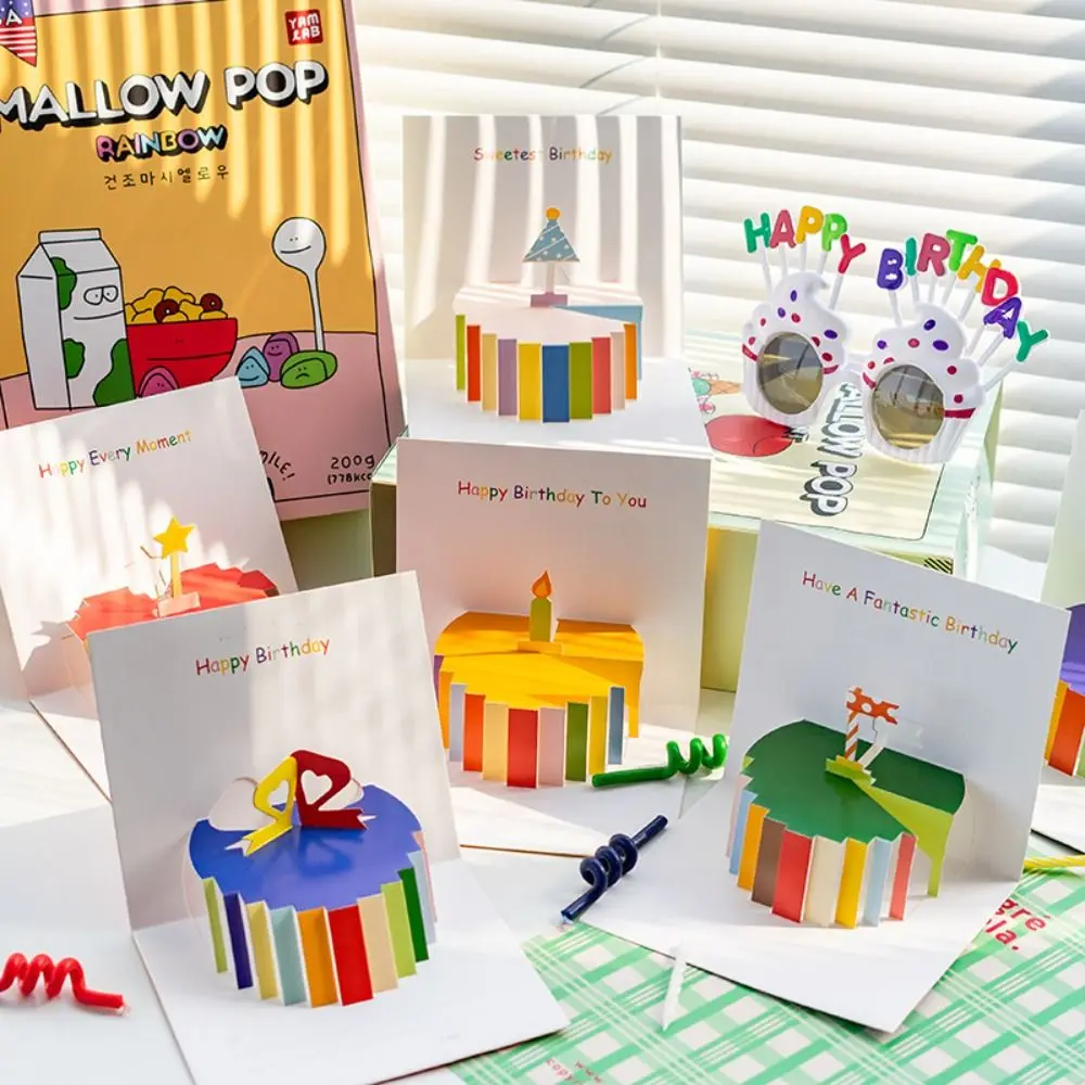 Thank You 3D Birthday Cake Cards Invitation Blessing Birthday Greeting Cards Handwriting Folding Birthday Pop-Up Cards