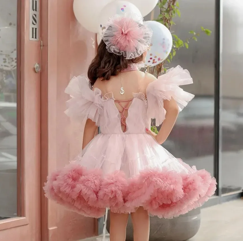Customized Pink Flower Girl Dresses for Wedding Off The Shoulder Ruffles Knee Length Kids Birthday Party First Communion Gowns