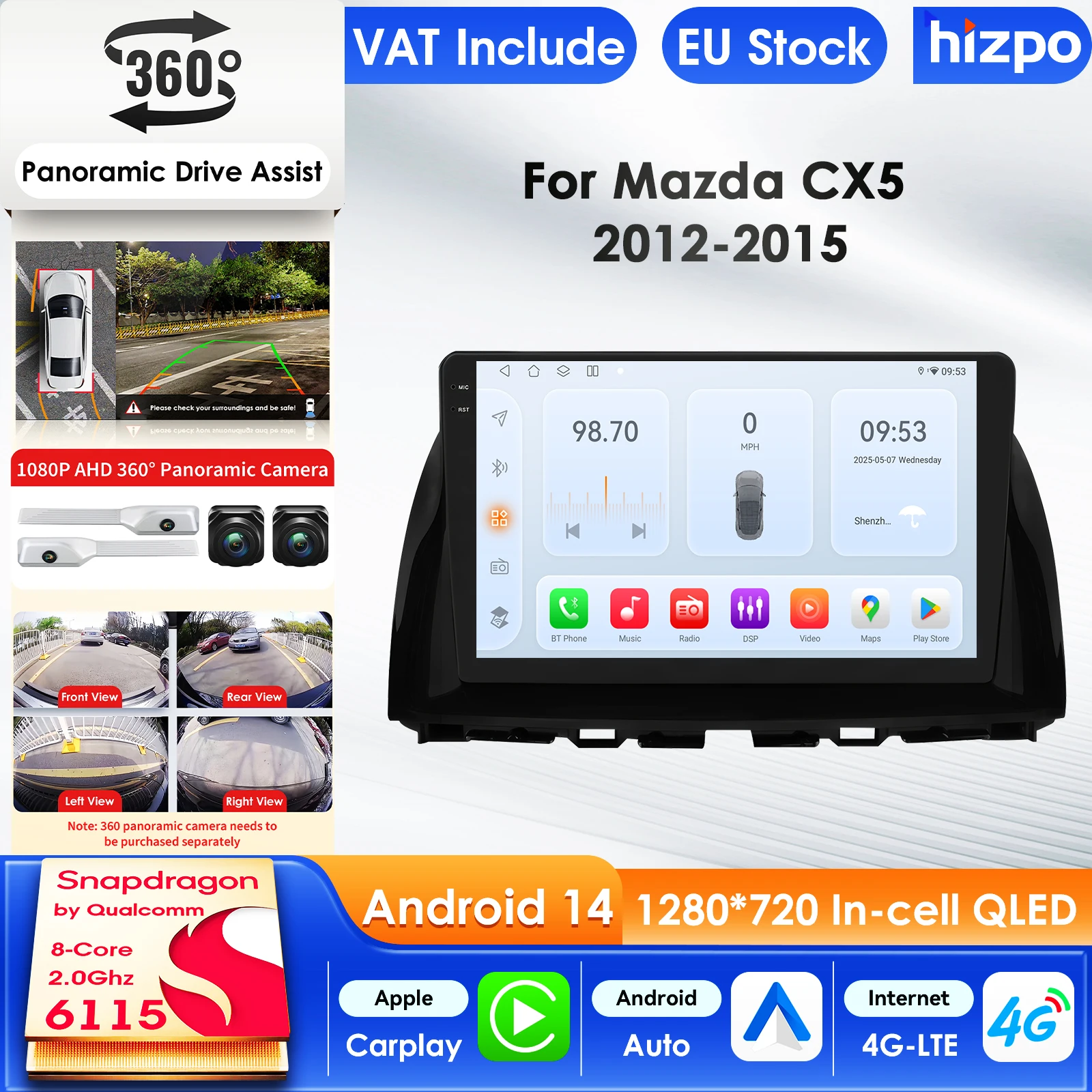 Hizpo 2Din Autoradio Multimedia für Mazda CX5 CX-5 CX 5 2012 - 2015 GPS Carplay 4G Intelligenter Bildschirm Autoradio 360° Kamera RDS 10,1 Zoll Auto-Intelligent-Bildschirm QLED-Display Automotive Head