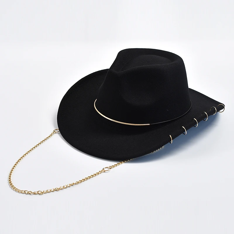 Retro Fedora Hats for Women Men Metal Chain Decor Felt Jazz Hats Curved Brim Western Cowboy Hat Sombrero Hombre