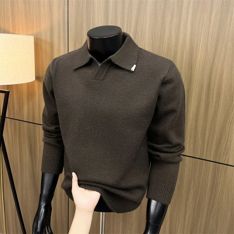 Men Lapel Knit Sweater Solid Texture Soft Fabric Long Sleeve Commute Casual Base Shirt