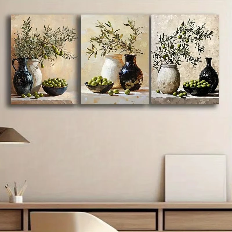3PCS  Frameless,3pcs Summer Olive Branch Olive Fruit Ceramic Pot Poster Print, Vintage Oil Painting Style Canvas, Home, Living R