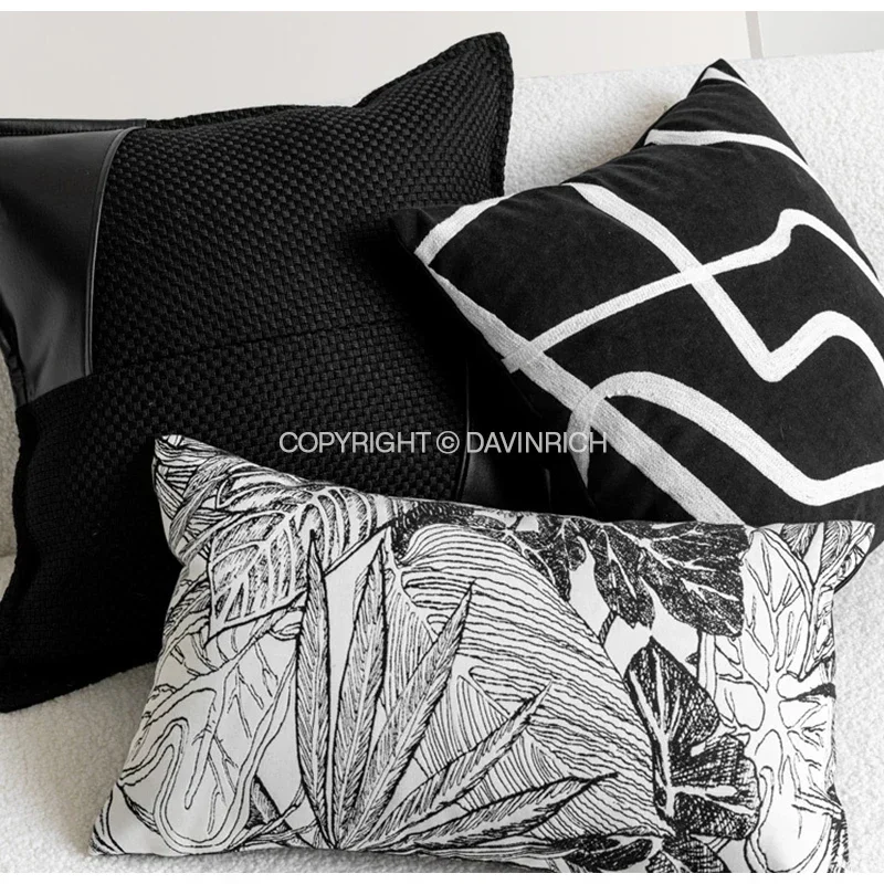 Modern Upholstered Leather Patchwork Throw Pillow Cover Luxury Obsidian Black Dacorative Cushion Case For Villa Hotel