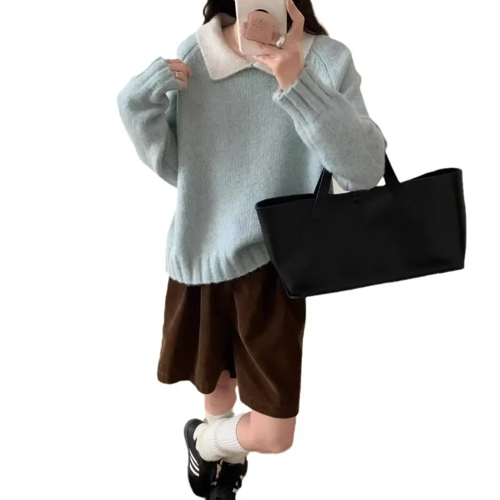 

Женский пуловер с контрастным воротником-поло, свитер свободного покроя, повседневный стиль из Dongdaemun, Южная Корея, осень и зима