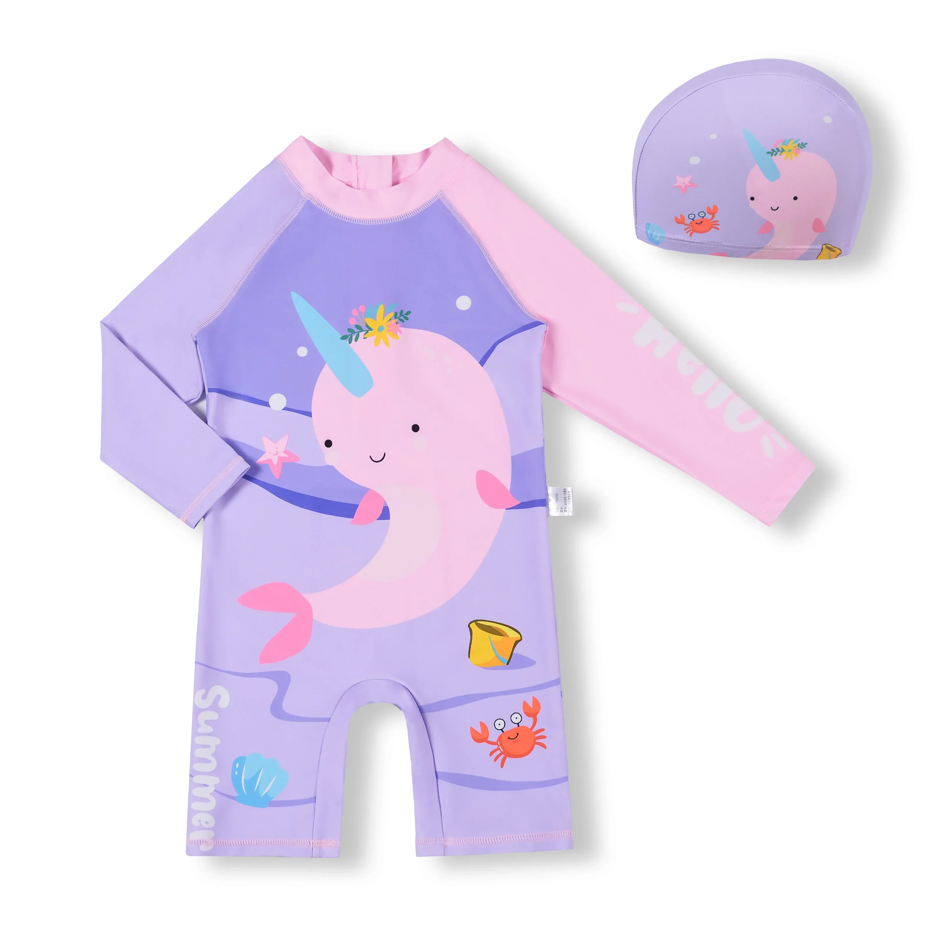 2PCS Narwhal Print Baby Swimwear Pink Long Sleeves Children‘s Swimsuit Bathing Clothes Cap Girl Kids Swimming Diving Suit UPF 50