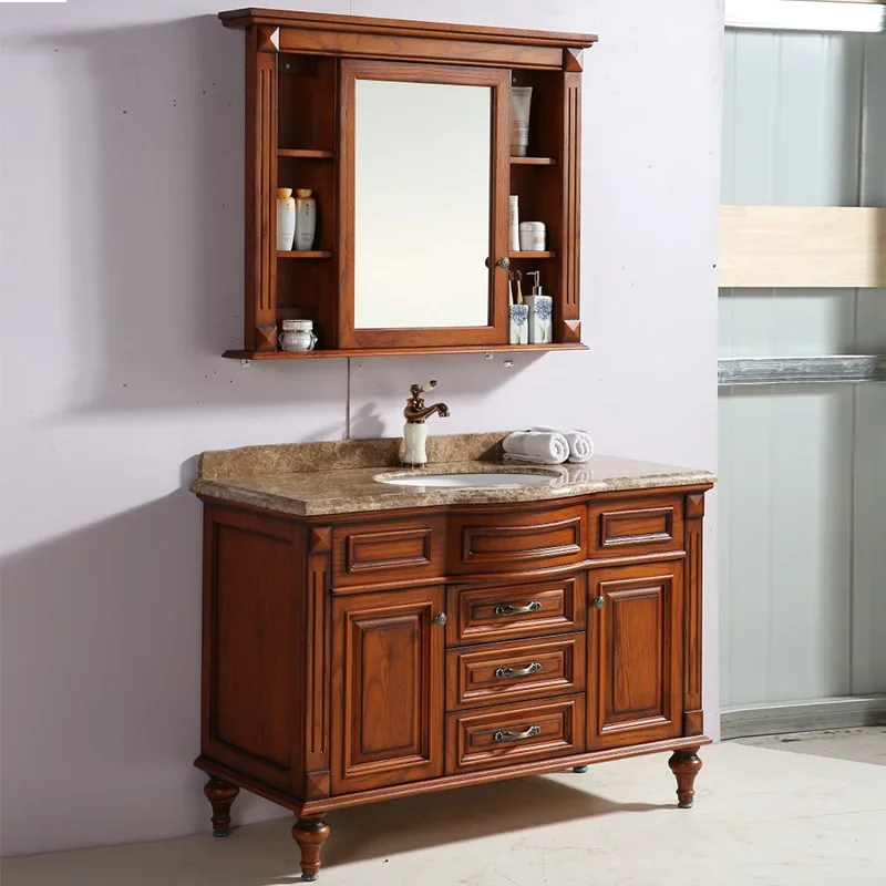 Bathroom Red Oak Bathroom Hand Washbasin Cabinet Combination New Chinese Mirror Cabinet