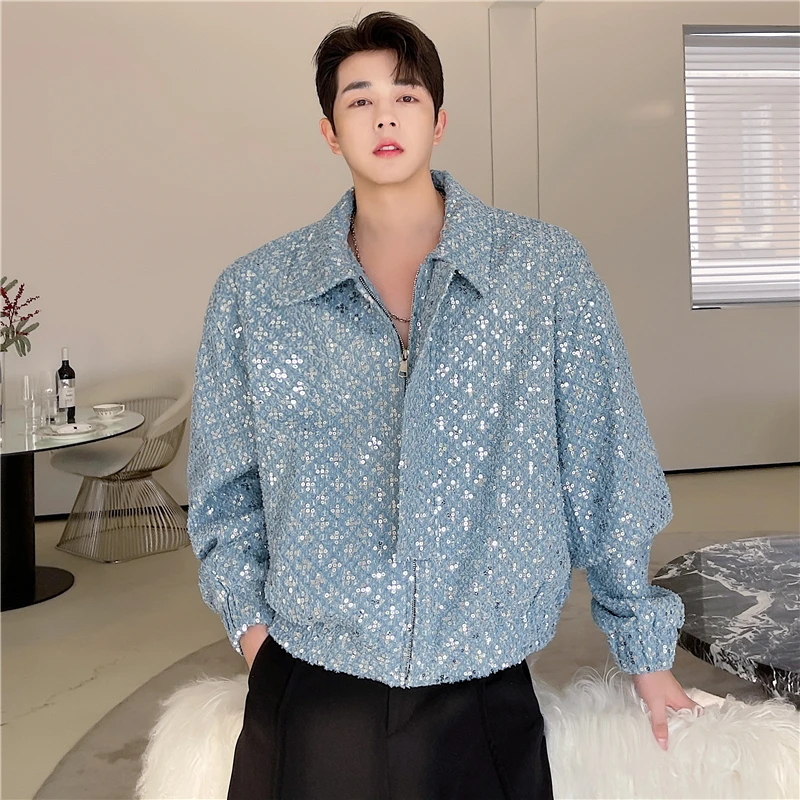 

New Men's Trendy Sequins Decorated Jacket 2022 Spring & Autumn Loose Zipper Coat Korean Style Youth Fashion Jacket Outwear
