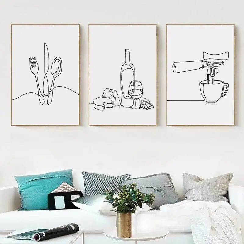 Canvas painting minimalist black and white thread kitchen wine cheese coffee tableware mural