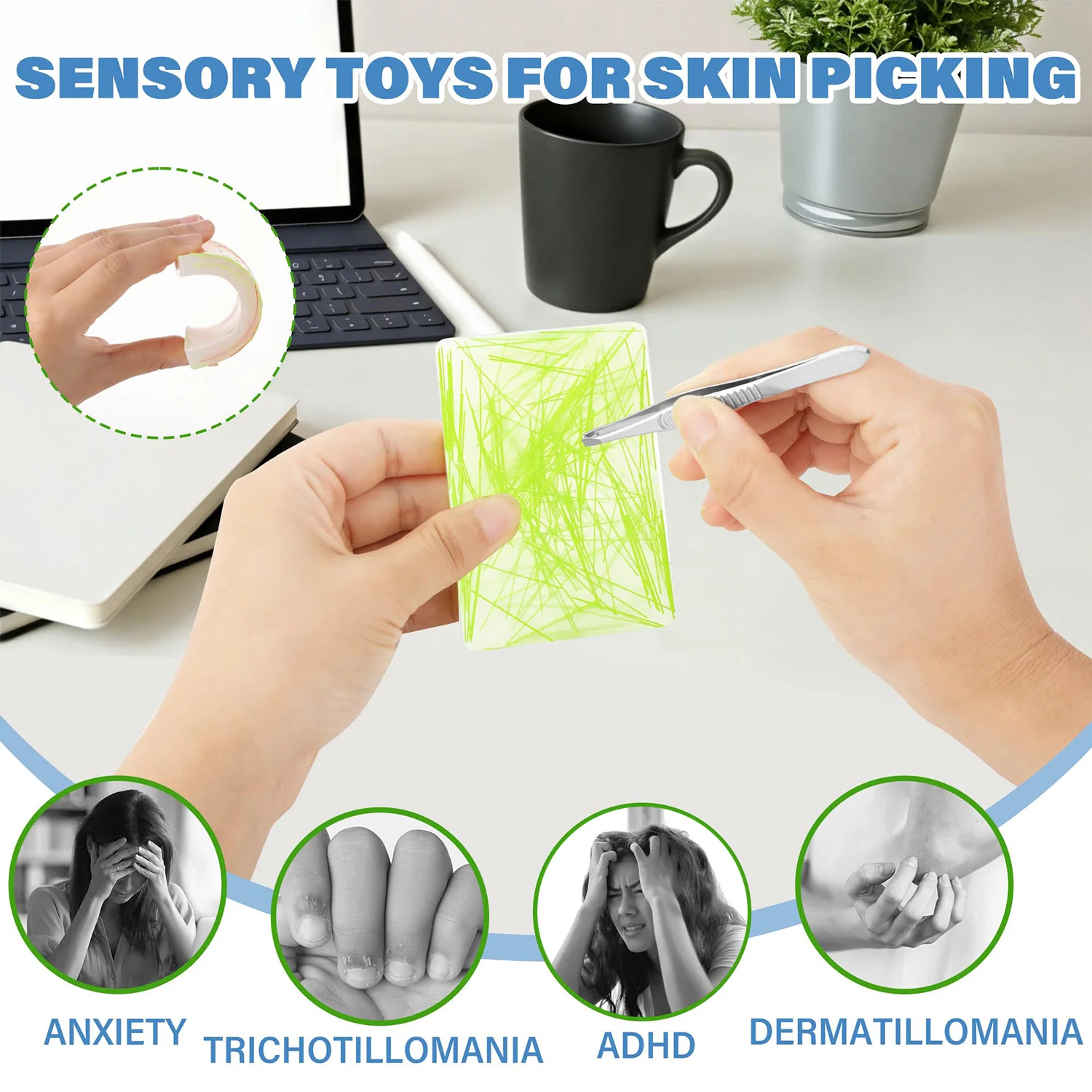 แผ่นกดจุด 1 ชิ้นพร้อมแหนบ - ของเล่นคลายเครียดพิเศษสำหรับผู้ที่มีอาการคันผิวหนัง ความวิตกกังวล และการดึงผม